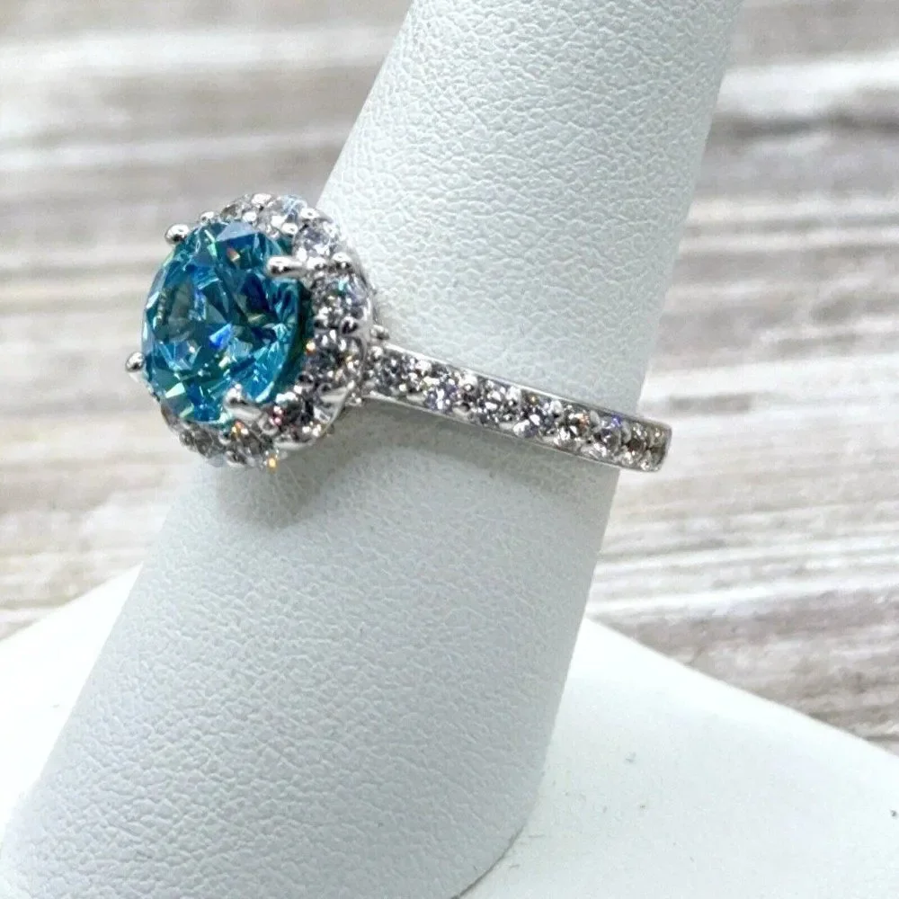 Sterling Silver Ring Sky Blue CZ Faceted Solitaire Halo Clear CZ Size 7.75 Prong - Picture 6 of 14